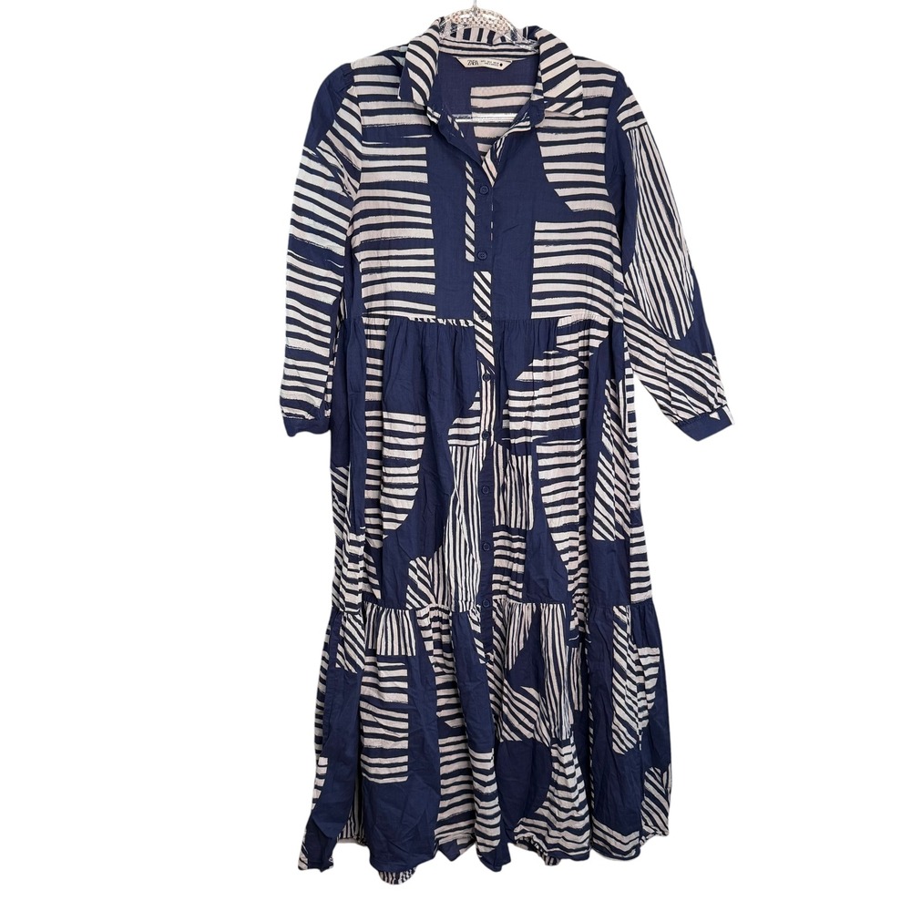 Zara Womens Small Navy Blue White Abstract Stripe Tiered Midi Shirt Dress